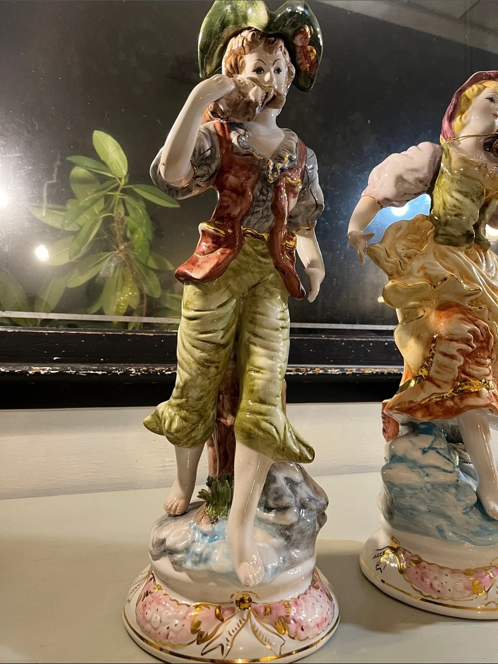 Decorative Porcelain Figurine Pair in Green and Yellow